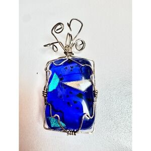 Handcrafted‎ Blue Dichroic Glass Pendant Silver Tone Wire Wrapped Statement